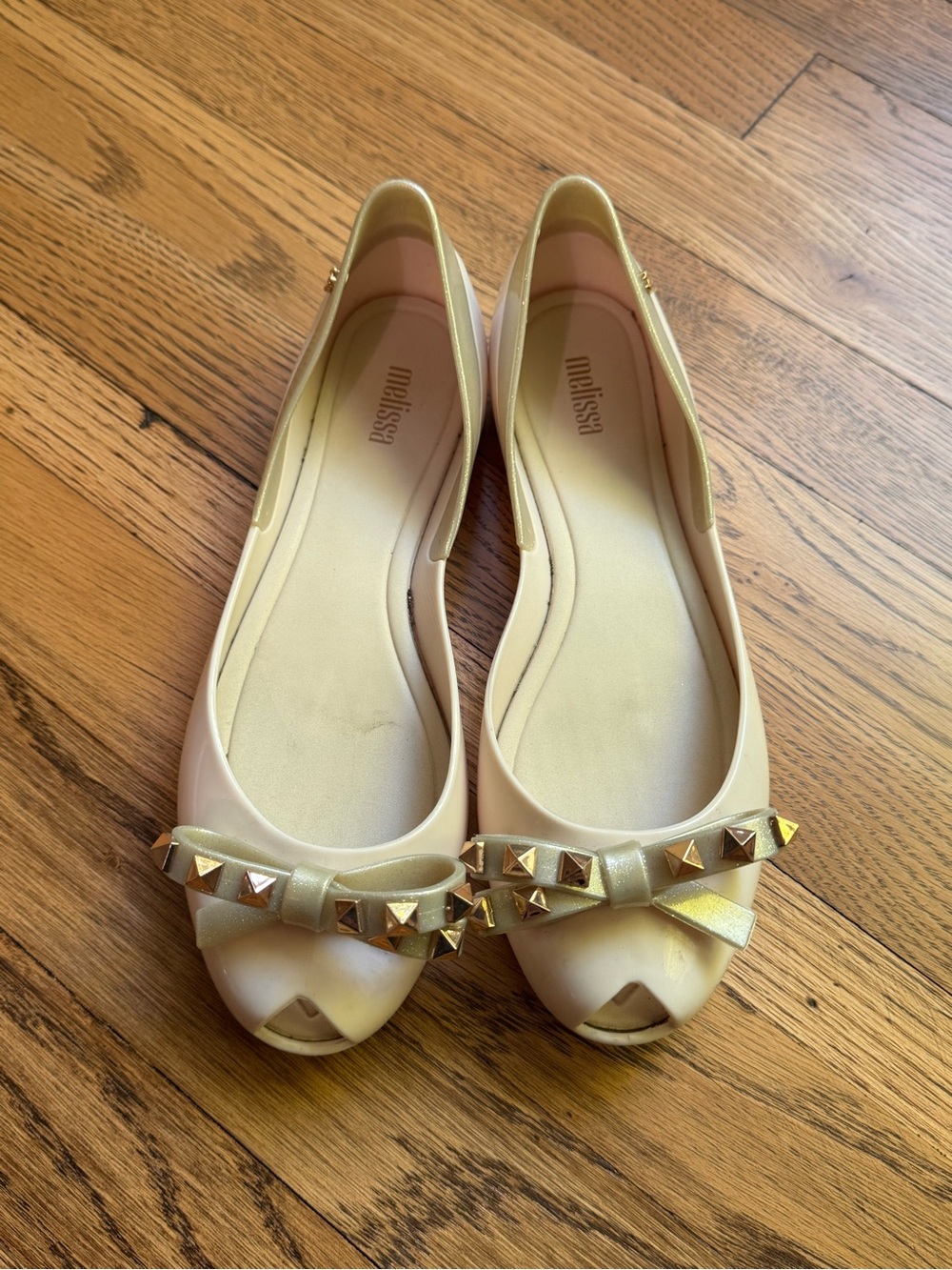 Melissa Women’s Cream Peep-Toe Flats with Gold Stud Bow Accents
